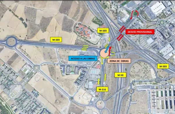 Desvíos del tráfico en Majadahonda por las obras de la pasarela peatonal sobre la M-503 / M-516 