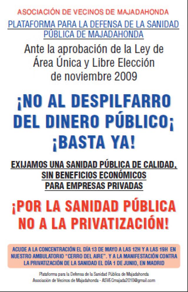 La Asociación de Vecinos de Majadahonda convoca una concentración en Defensa de la Sanidad Pública