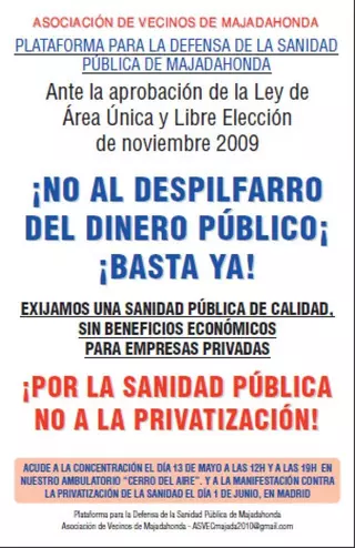 La Asociación de Vecinos de Majadahonda convoca una concentración en Defensa de la Sanidad Pública
